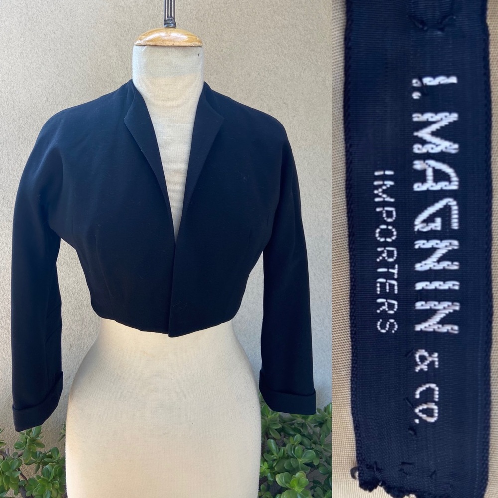 Vtg black bolero jacket green lining XS/S I Magnin